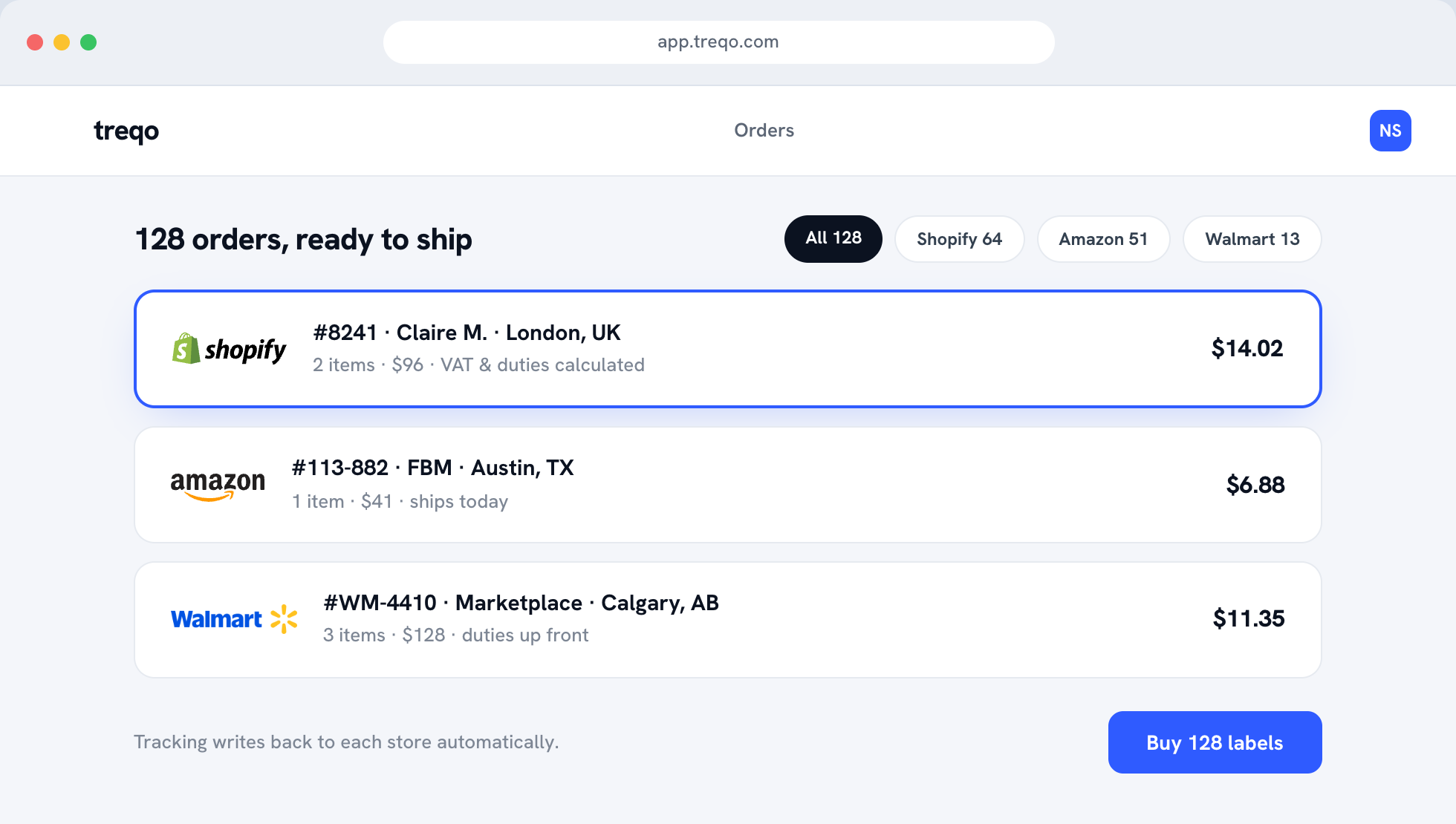 The DTC orders queue in the Treqo platform, Amazon and store orders synced in, ready to ship