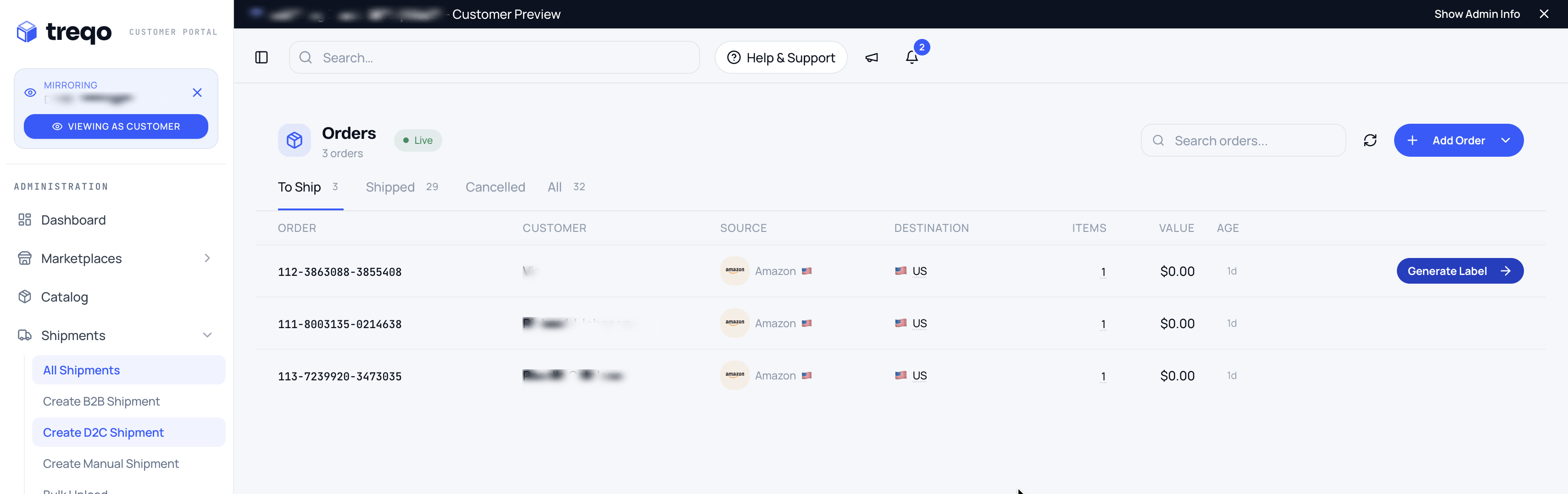 The DTC orders queue in the Treqo platform, Amazon and store orders synced in, ready to ship