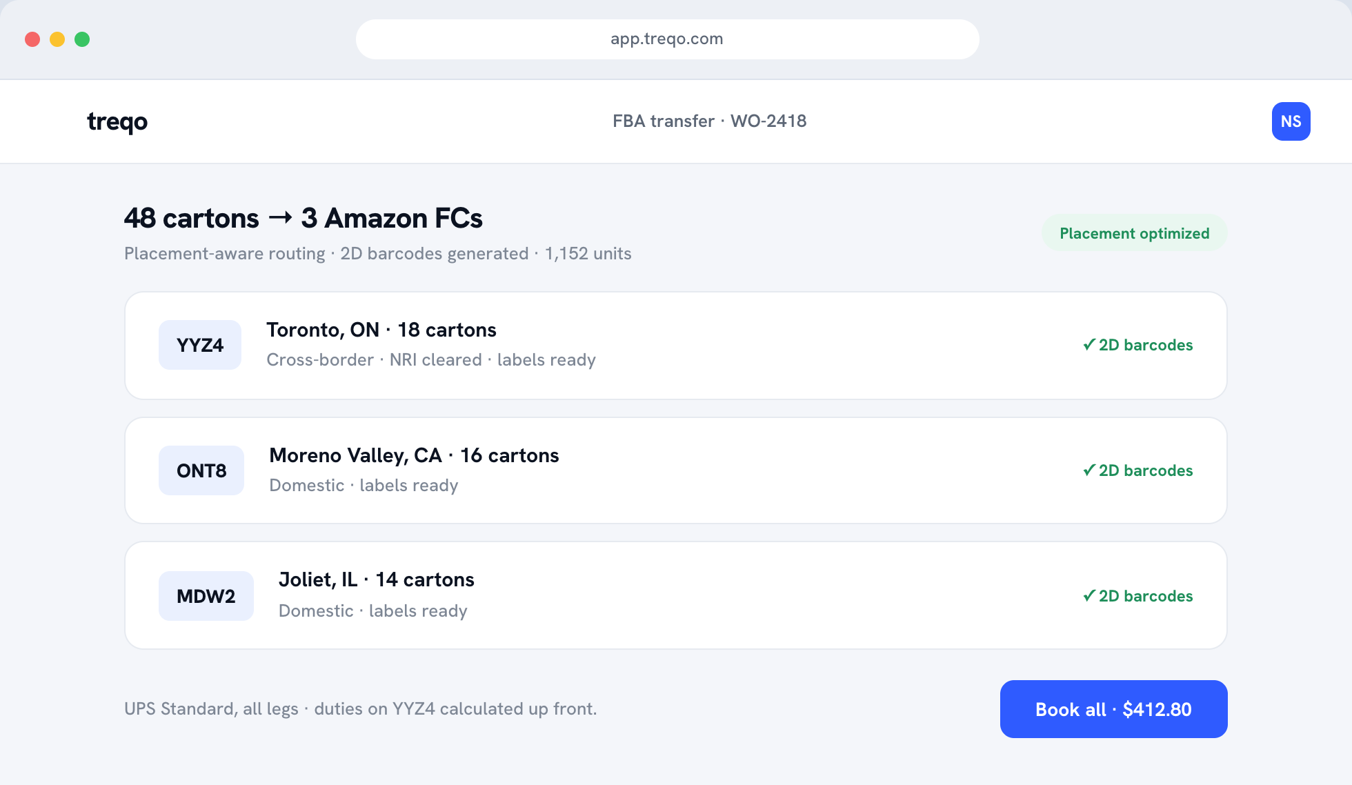 FBA inbound placement with Treqo rates and duties, inside the Treqo platform