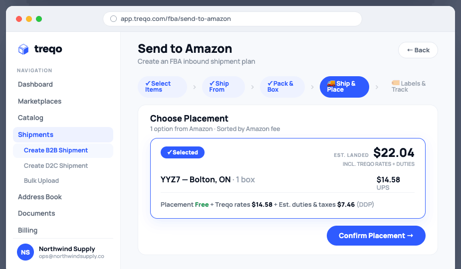 FBA inbound placement with Treqo rates and duties, inside the Treqo platform