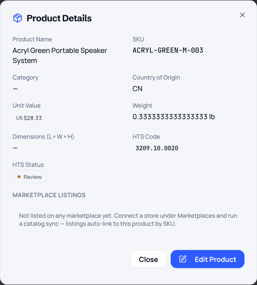 Product details in the Treqo platform showing the assigned HTS code and its classification review status
