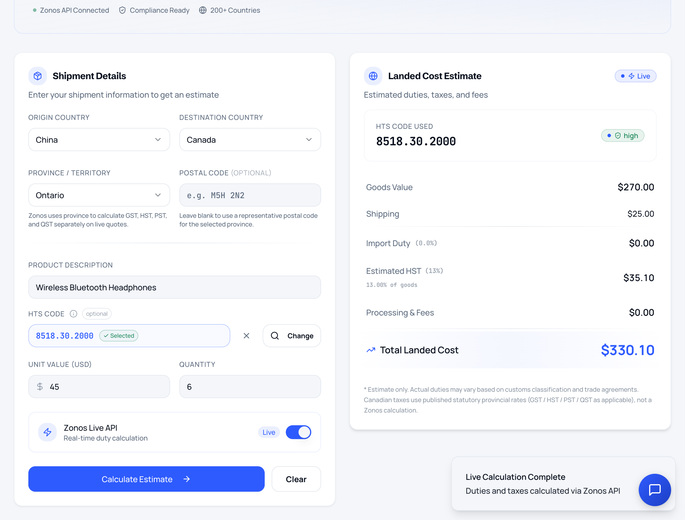 Landed cost estimate in the Treqo platform showing duty, taxes and fees calculated live per HS code