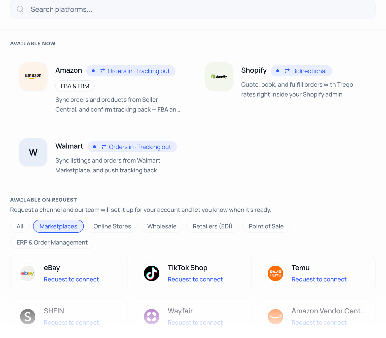 Connect Marketplace in Treqo: Amazon, Shopify and Walmart available now, plus marketplaces, online stores, wholesale, retailer EDI, point of sale and ERP channels on request