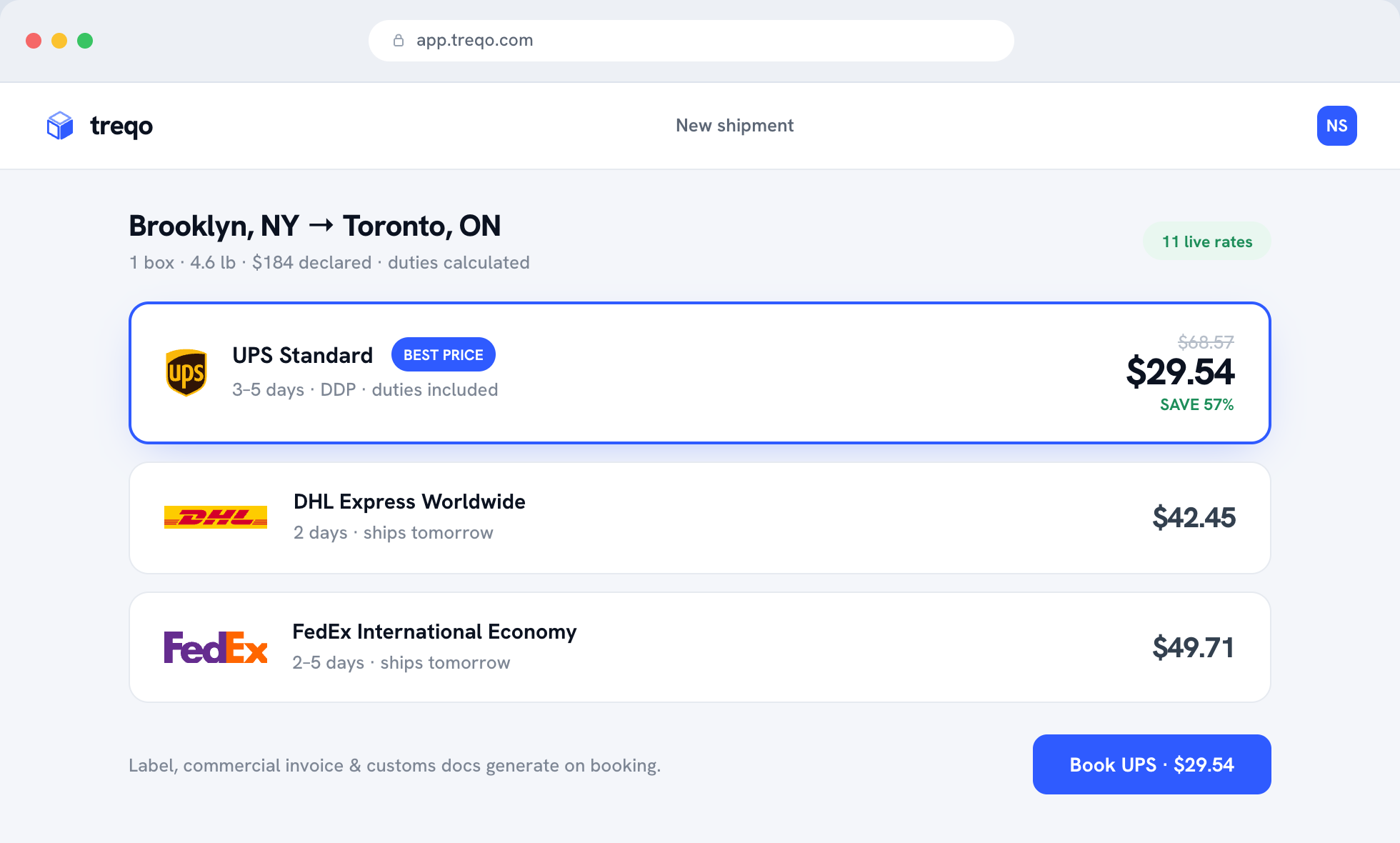 Live multi-carrier rate comparison inside the Treqo platform