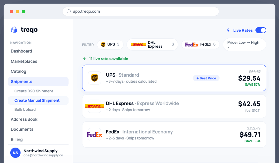 Live multi-carrier rate comparison inside the Treqo platform